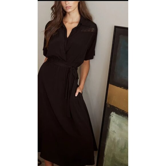 Aura The Label Genevieve Black Lattice Lace Deep V Neckline Midi Dress L - Picture 1 of 15